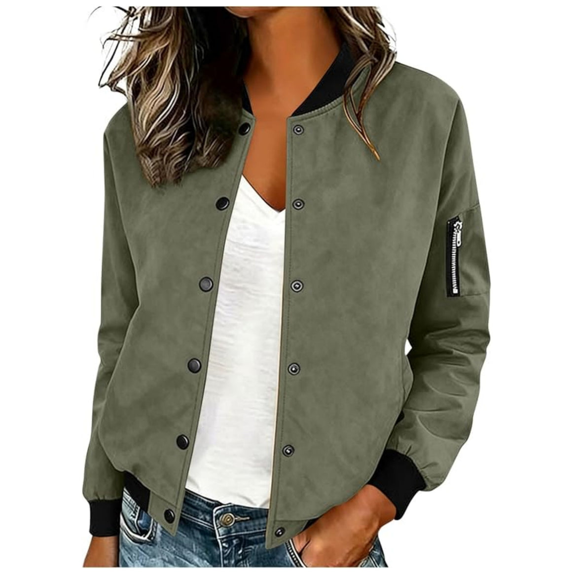 Women's Lightweight Bomber Jacket with Snap Buttons and Arm Pocket Mune Fashion