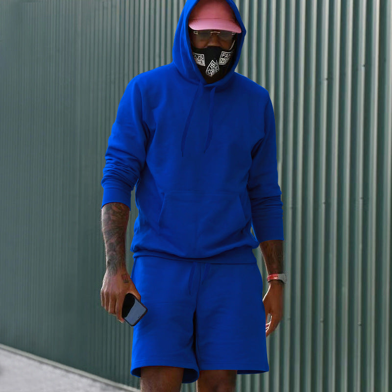 Men's two-piece leisure set hoodie and sweat shorts made of French Terry with kangaroo pocket and drawstring Mune Fashion