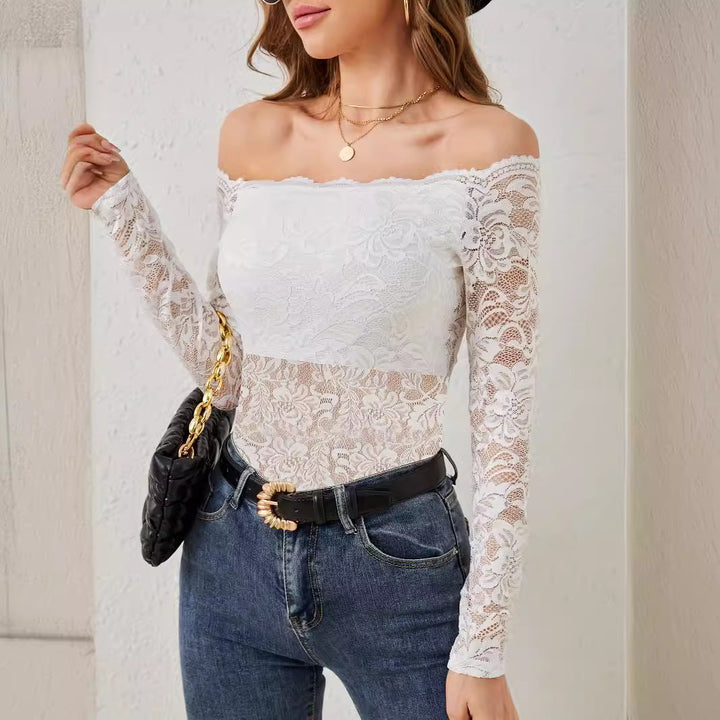 Women’s off-the-shoulder lace bodysuit with long lace sleeves and transparent waist area Mune Fashion
