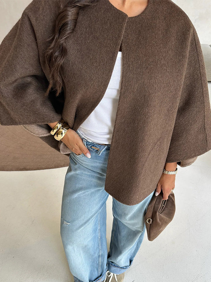 Women's Short Wool Blend Cape Jacket with Oversized Trumpet Sleeves Mune Fashion