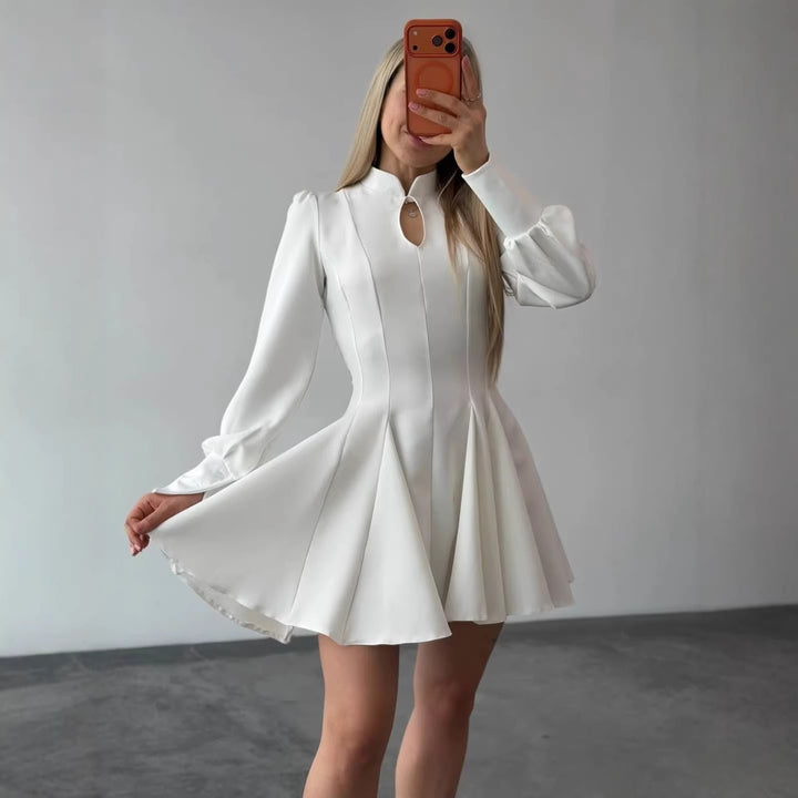 Women A-Line Mini Dress with Stand Collar, Slit Detail and Balloon Sleeves Mune Fashion