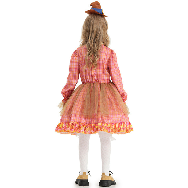 Girl Scarecrow Costume with Colorful Checkered Pattern and Stiff Hat Mune Fashion
