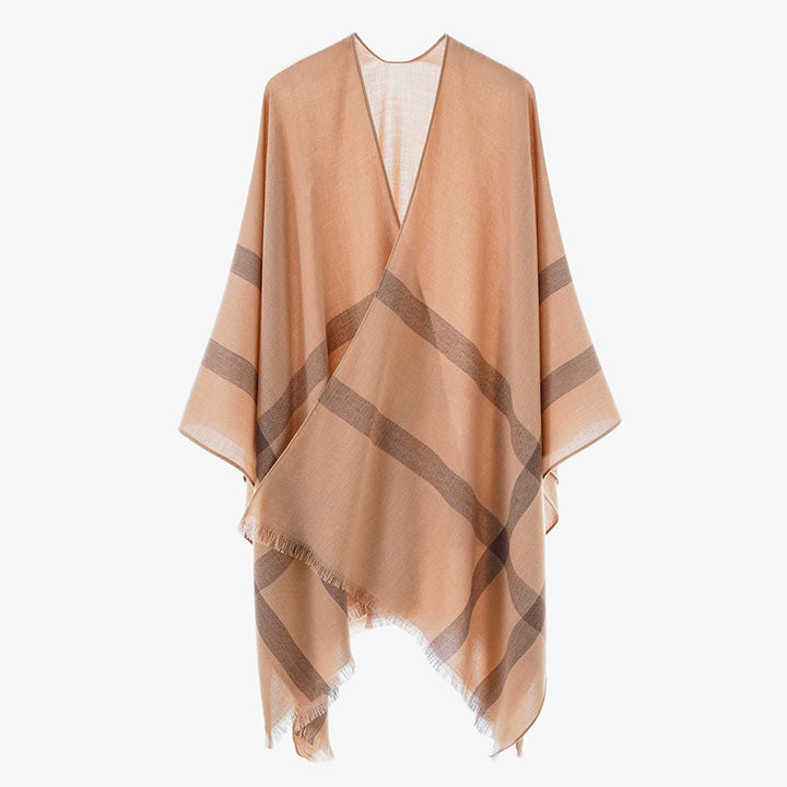 Women’s lightweight fine knit cape with diagonal contrasting stripes and fringes Mune Fashion