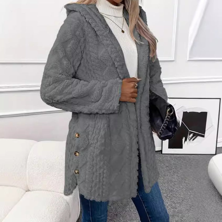 Women's hooded teddy coat with cable pattern, decorative buttons and warm fleece lining Mune Fashion