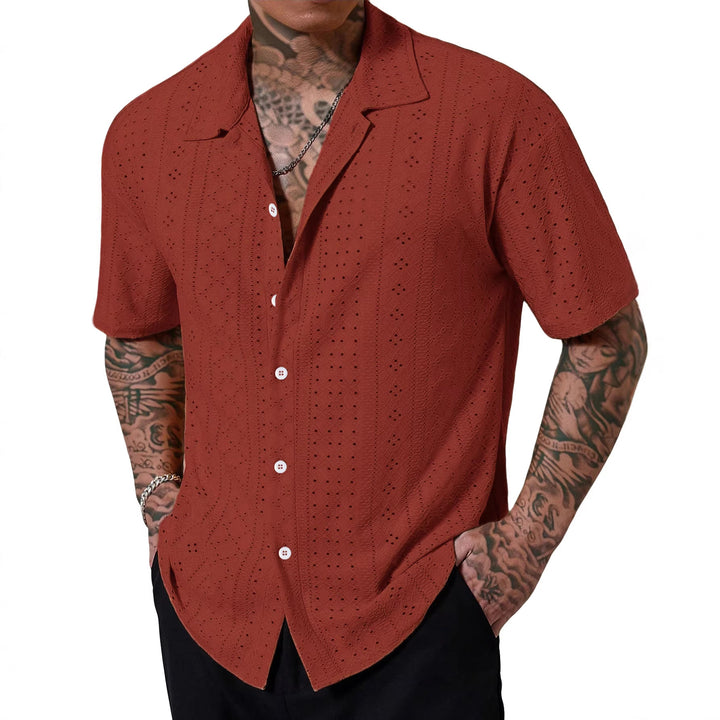 Men's short-sleeve casual shirt with openwork embroidery, lapel collar and relaxed fit Mune Fashion