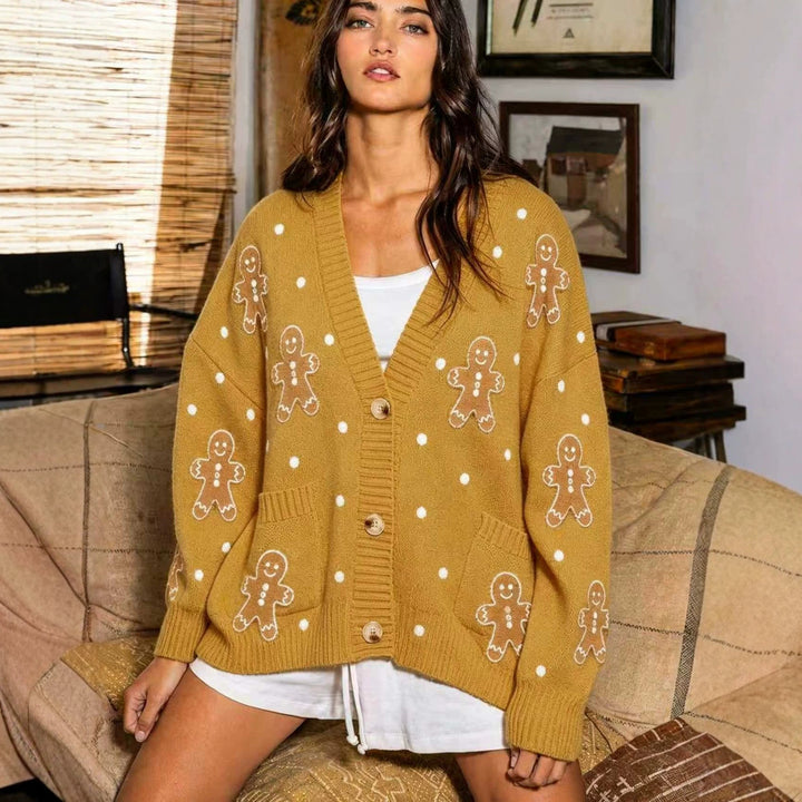 Women nan oversized knitted cardigan with gingerbread embroidery and deep V-neck Mune Fashion
