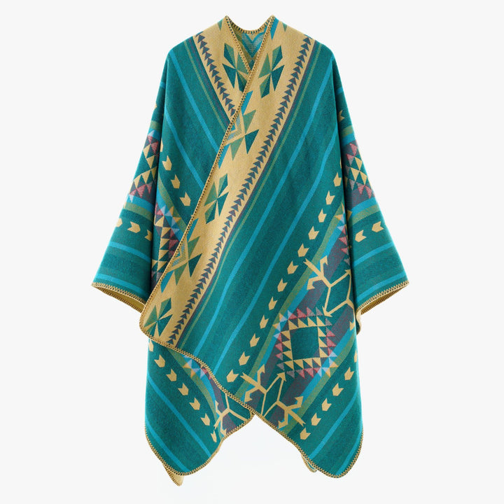Women Oversize Jacquard Wrap Poncho with Geometric Aztec Pattern Mune Fashion