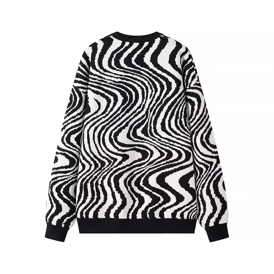 Unisex loosely cut knitted sweater with abstract wave pattern and round neckline Mune Fashion