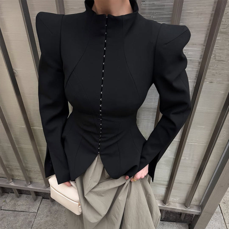 Women's Tailored Blazer with Sculptural Shoulders, Emphasized Waist and Pointed Peplum
