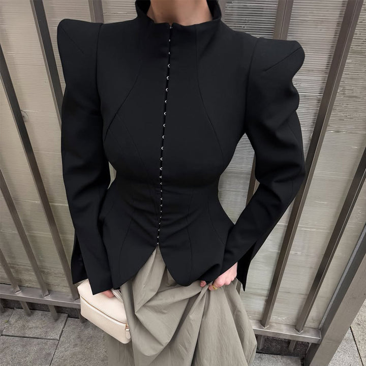 Women's Tailored Blazer with Sculptural Shoulders, Emphasized Waist and Pointed Peplum