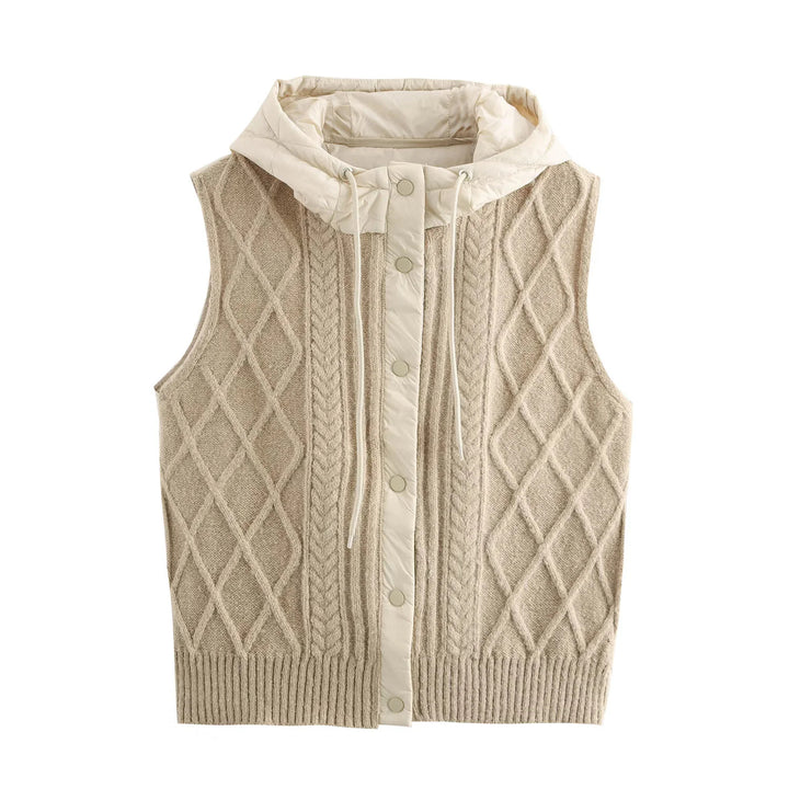 Women's knitted vest with padded hood, standing collar, and cable pattern Mune Fashion