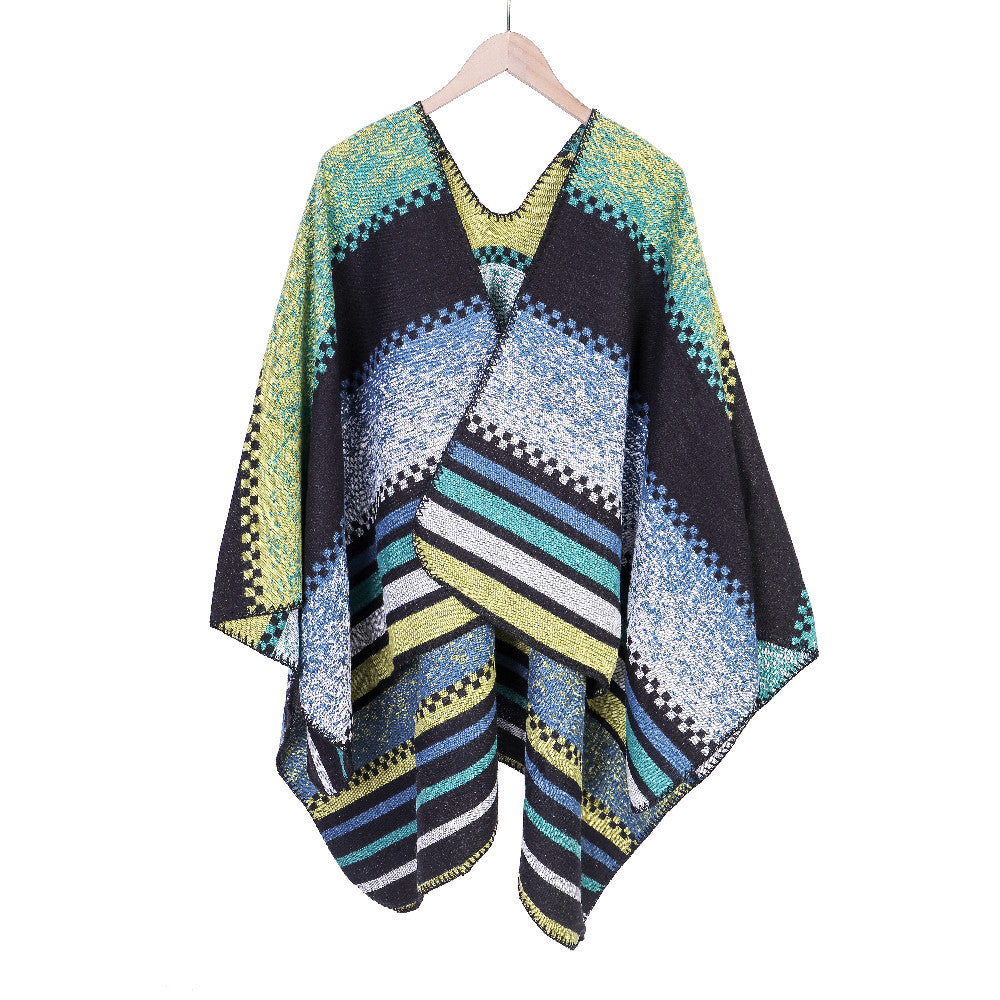 Women's Chunky Knit Oversized Ruana with Graphic Block Pattern and Asymmetrical Pointed Hem Mune Fashion