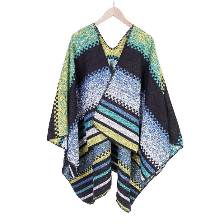 Women's Chunky Knit Oversized Ruana with Graphic Block Pattern and Asymmetrical Pointed Hem Mune Fashion