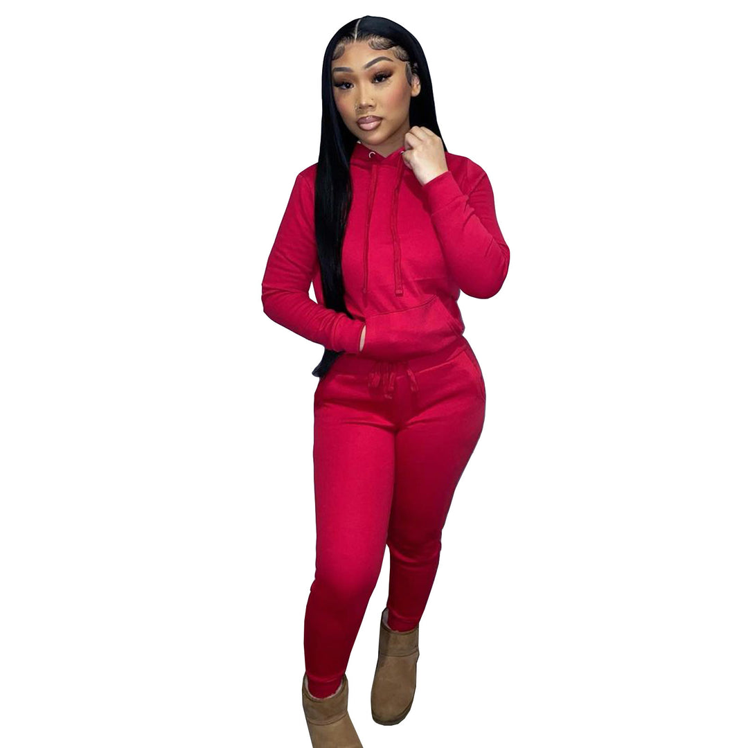 Women's Hooded Lounge Set with Kangaroo Pocket Tailored Jogging Pants and Cuffs Mune Fashion