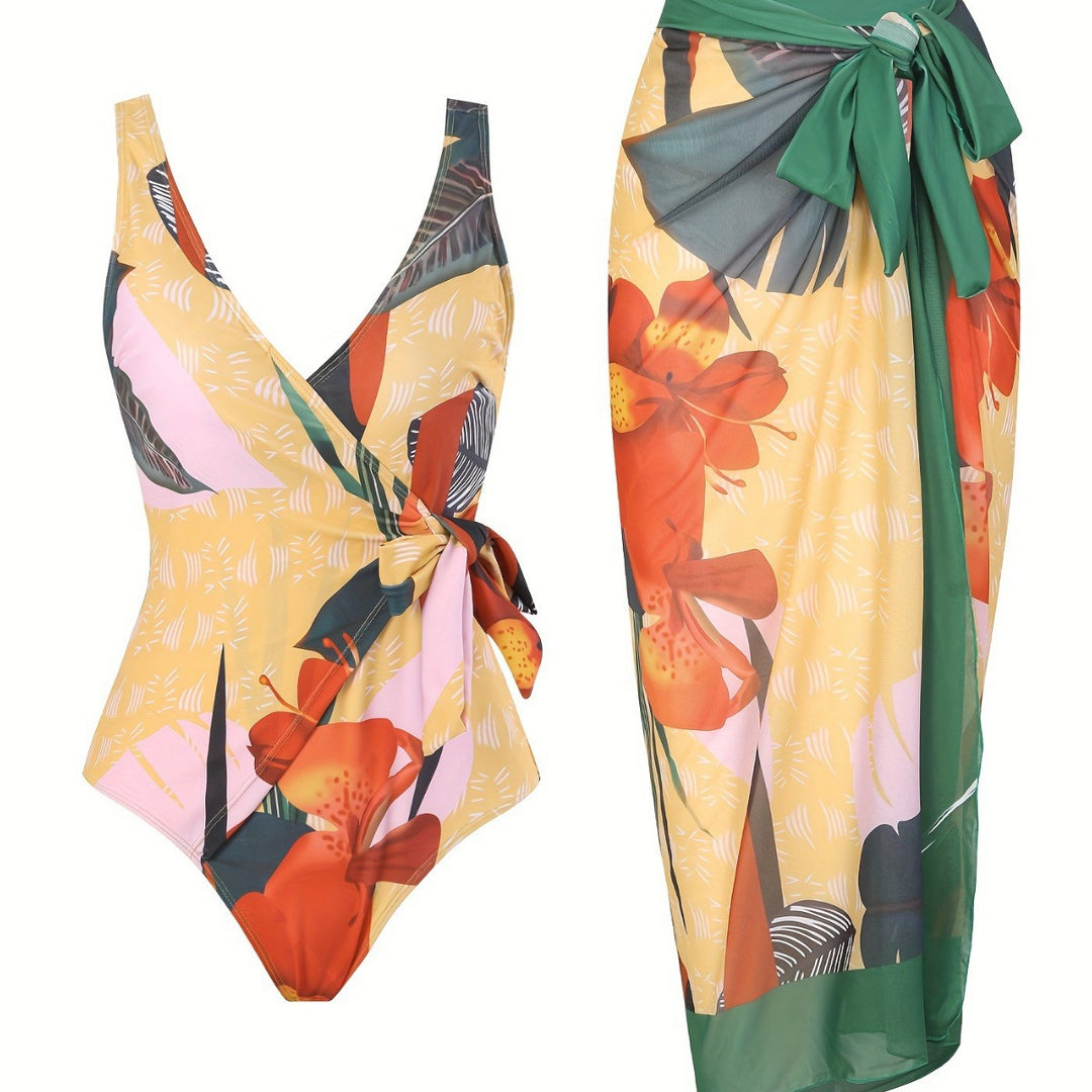 Women One-Piece Swimsuit with Elegant Wrap Skirt Mune Fashion