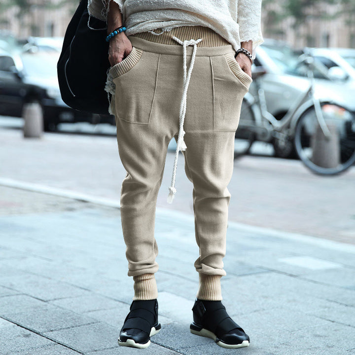 Men's structured knit joggers with dropped crotch, wide ribbed waistband and decorative drawstring Mune Fashion