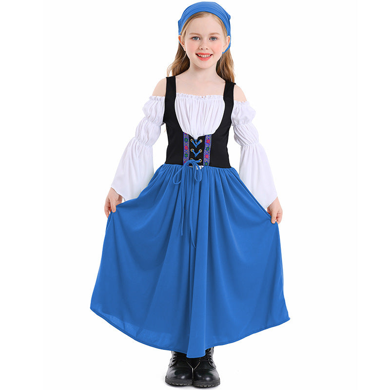 Ladies medieval girl costume with laced bodice and headscarf Mune Fashion