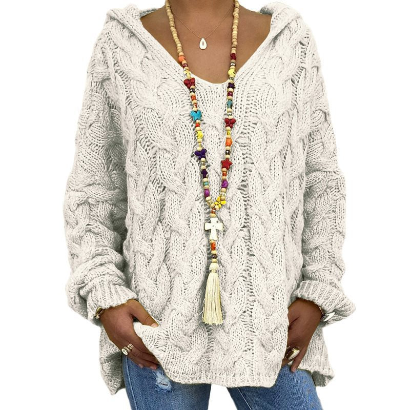 Women Oversized Cable Knit Sweater with Hood and Casual V-Neck Mune Fashion