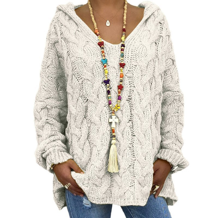 Women Oversized Cable Knit Sweater with Hood and Casual V-Neck Mune Fashion