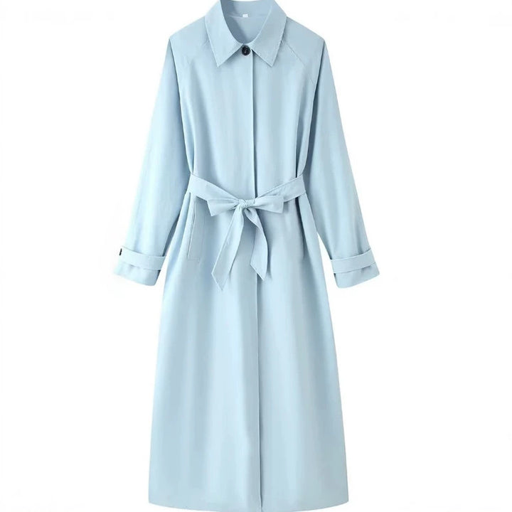 Women's Lightweight Knee-Length Trench Coat in Clean Look with Tie Waist and Concealed Button Placket Mune Fashion