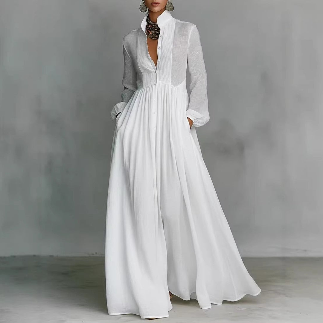 Women’s maxi dress with stand-up collar, button placket, and side pockets Mune Fashion