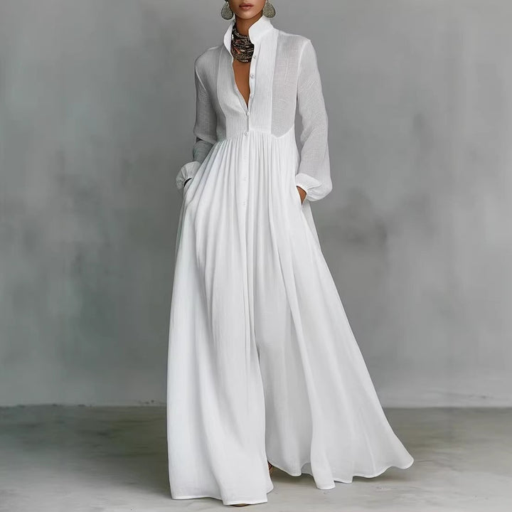 Women’s maxi dress with stand-up collar, button placket, and side pockets Mune Fashion