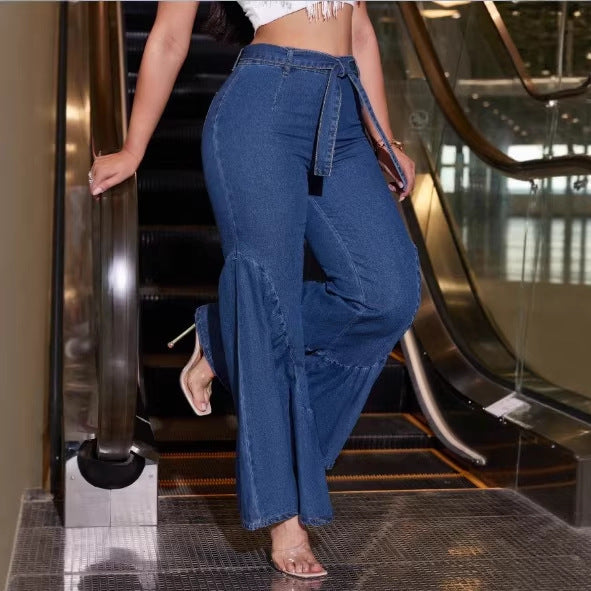 Women's High-Waisted Denim Palazzo Jeans with Overlapping V-Waist, Wide Flare, and Front Slit Mune Fashion