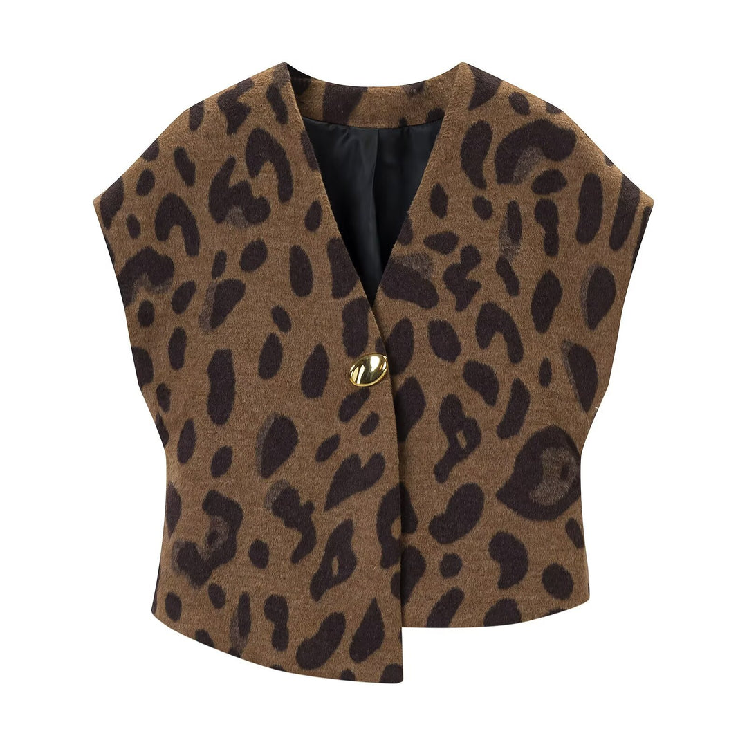 Ladies sleeveless wool blend vest in leopard print with V-neck and decorative button Mune Fashion