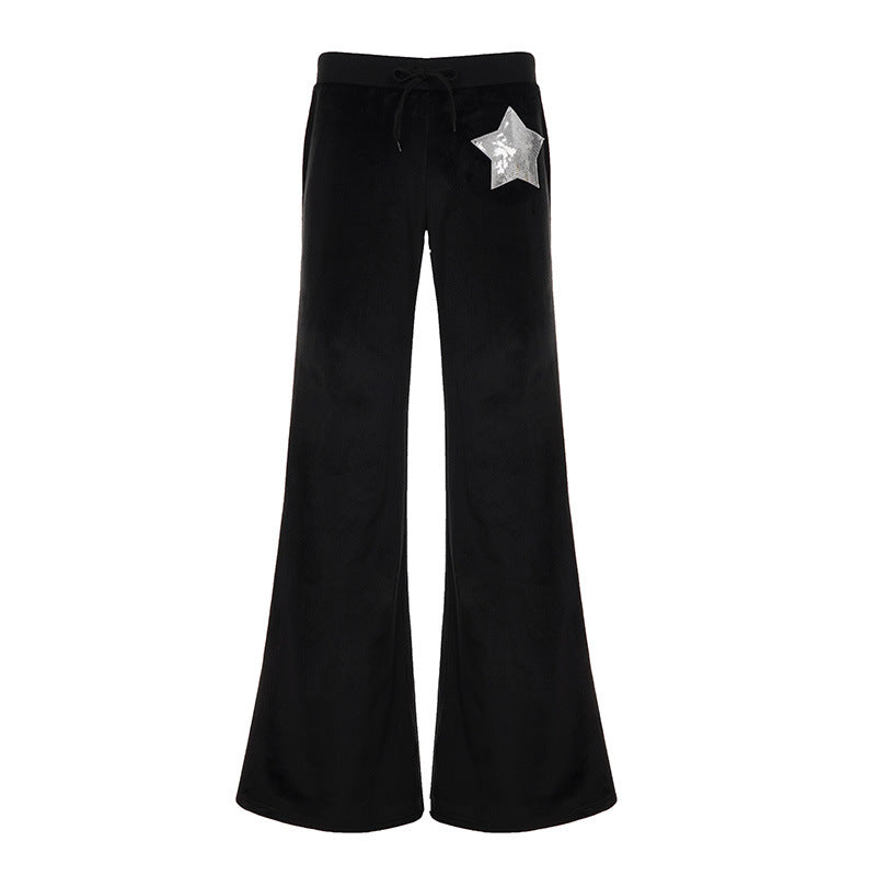 Ladies' velvet pants with wide leg, elastic waistband, and sequin star appliqué Mune Fashion
