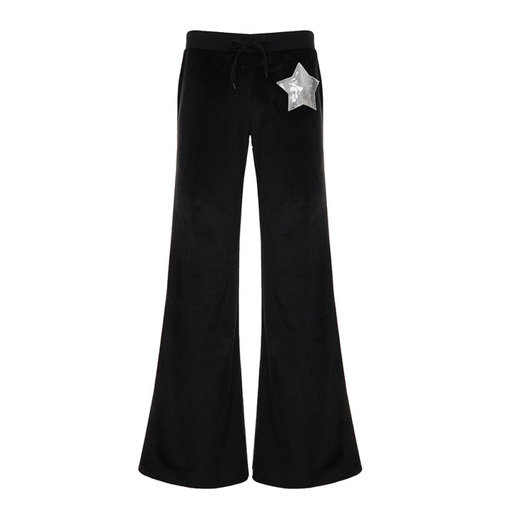 Ladies' velvet pants with wide leg, elastic waistband, and sequin star appliqué Mune Fashion