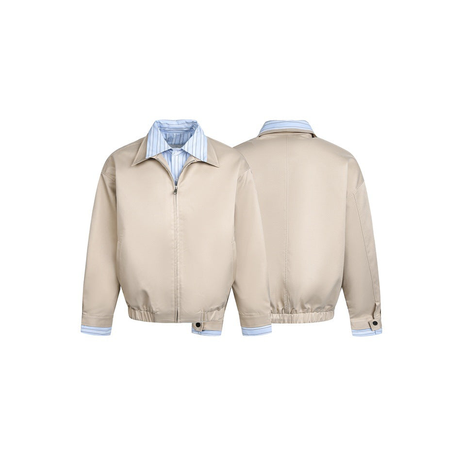 Women short cut boxy blouson jacket with striped shirt collar Mune Fashion