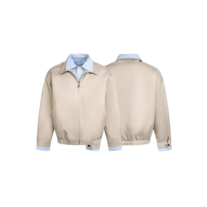 Women short cut boxy blouson jacket with striped shirt collar Mune Fashion