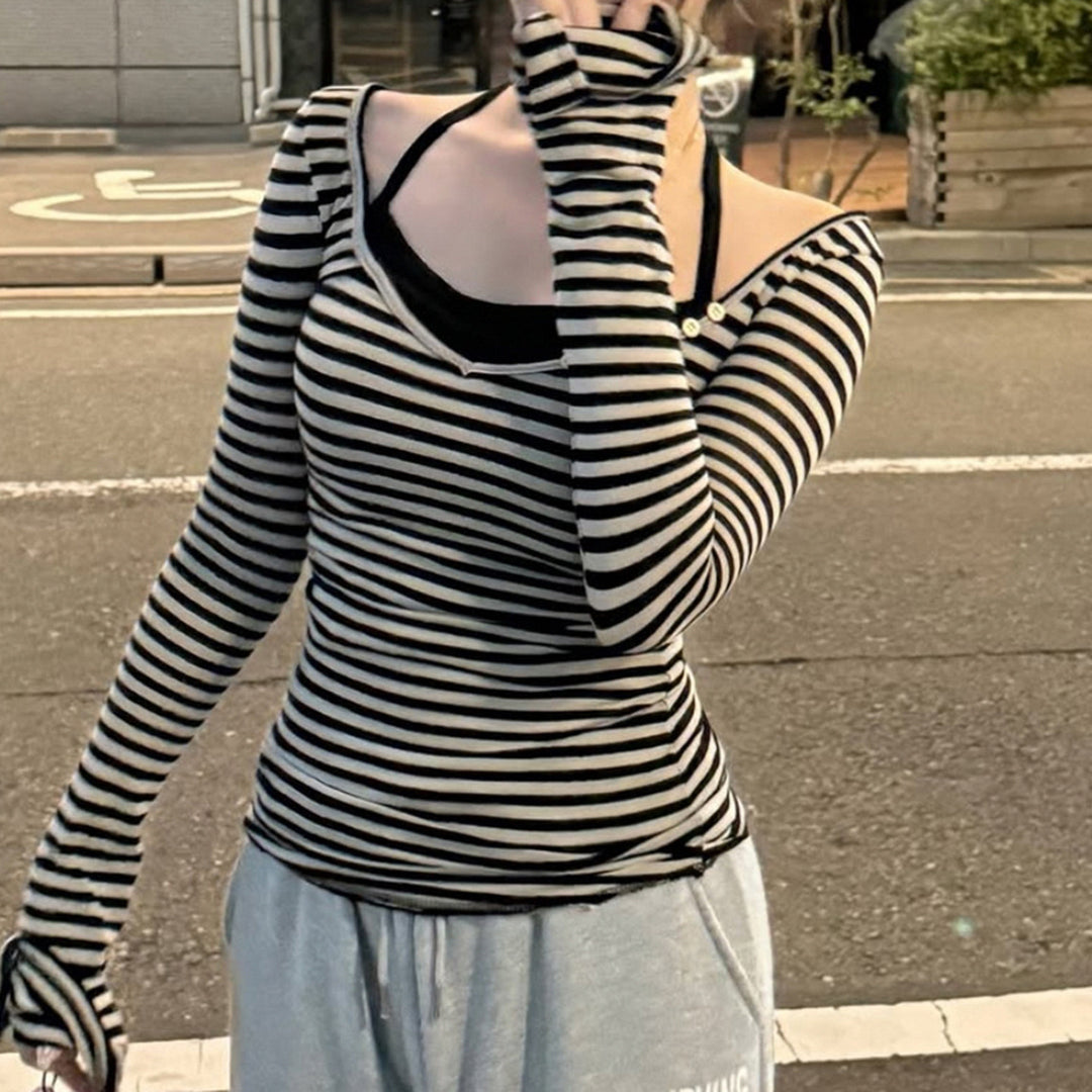 Women striped off-shoulder long sleeve shirt with diagonal decorative button placket and fitted silhouette Mune Fashion