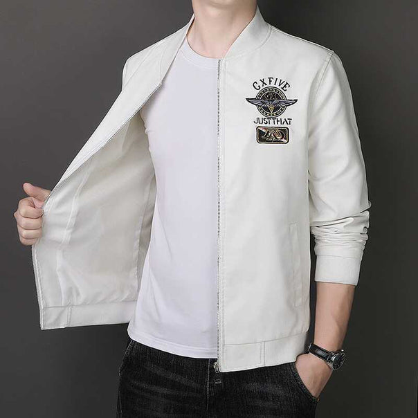 Men's Lightweight Bomber Jacket with Embroidered Patches, Short Stand-Up Collar and Zipper Mune Fashion