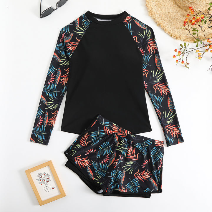 Women's Sporty Long Sleeve Rashguard with Colorful Leaf Design Mune Fashion
