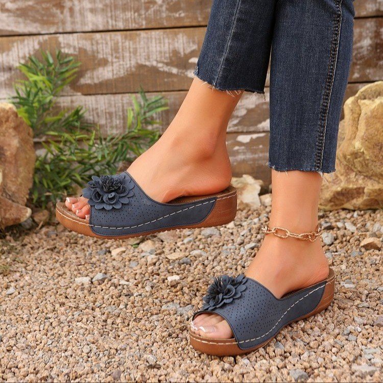 Women's Perforated Wedge Sandals as Slip-On with Flower Application and Padded Footbed Mune Fashion