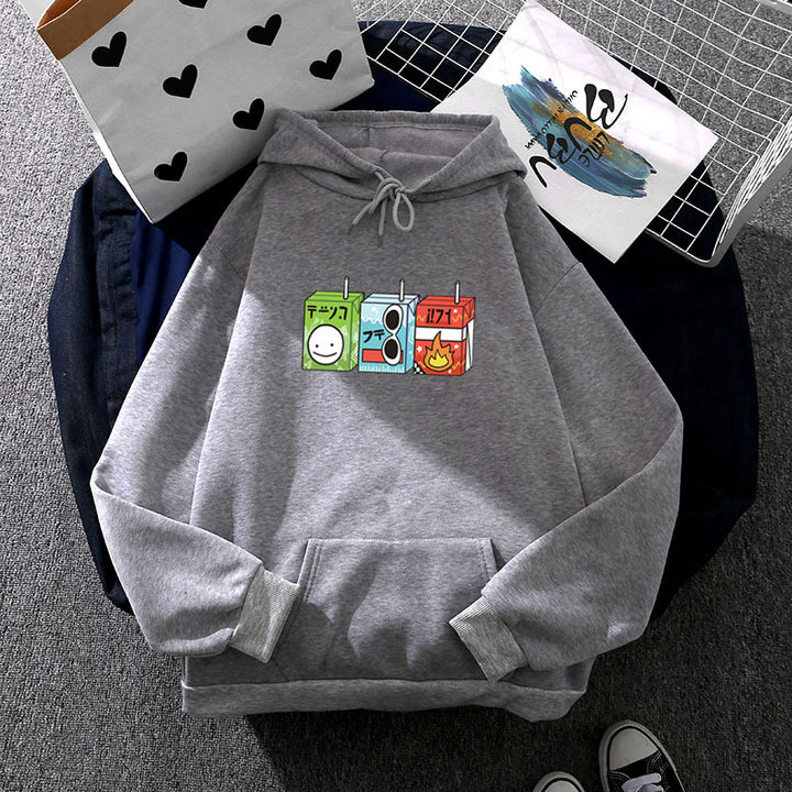 Ladies oversized hoodie with cartoon drink carton print, kangaroo pocket and soft inner lining Mune Fashion