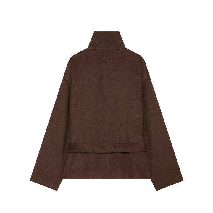 Women's short cape coat made of wool blend with high standing collar and waist belt Drune