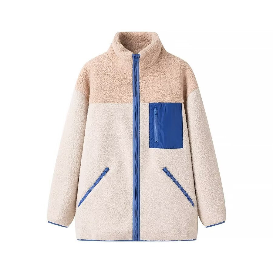 Women's Oversize Teddy-Fleece Jacket with Color Block, Stand Collar and Zipper Pockets Mune Fashion