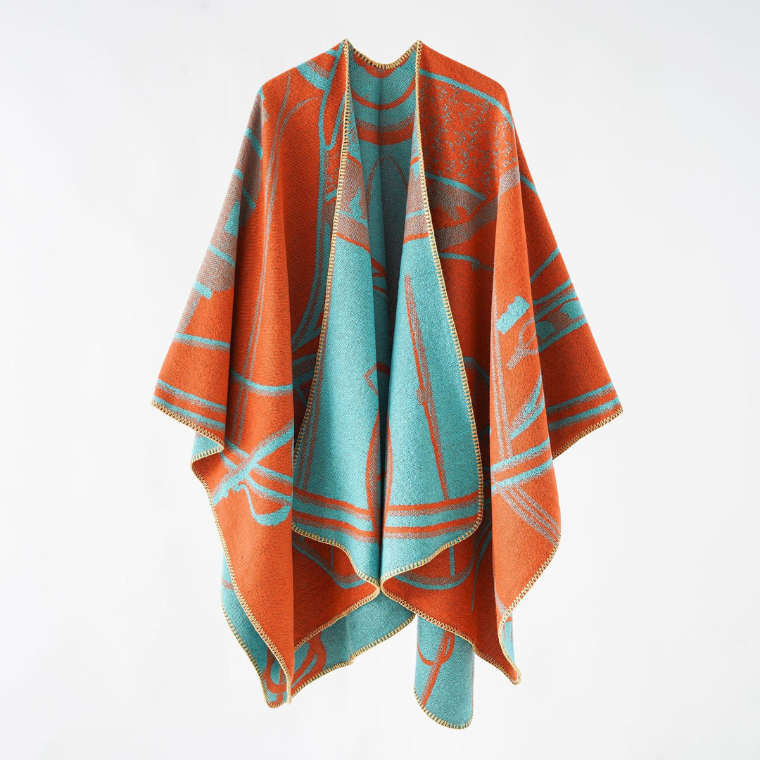 Women Wool Blend Reversible Cape with Graphic Jacquard and Open Kimono Fall Mune Fashion