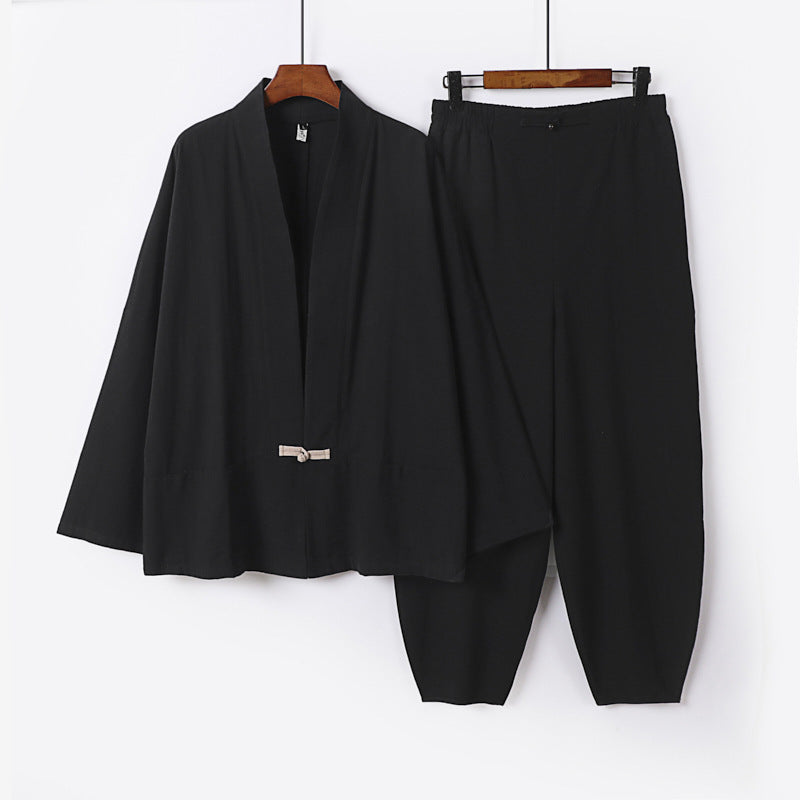 Men's Zen Relax Set with open kimono jacket, decorative toggle closure and tapered harem jogger pants Mune Fashion