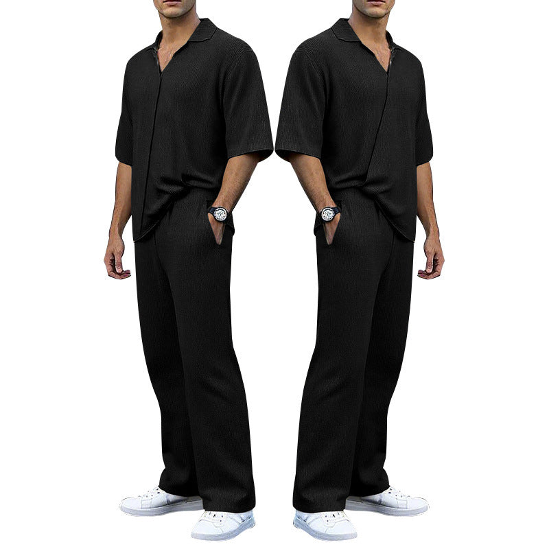 Men's finely structured two-piece set with open polo collar short sleeve shirt and straight comfort waistband pants Mune Fashion