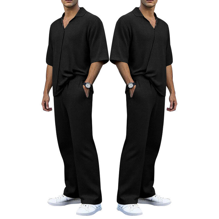 Men's finely structured two-piece set with open polo collar short sleeve shirt and straight comfort waistband pants Mune Fashion