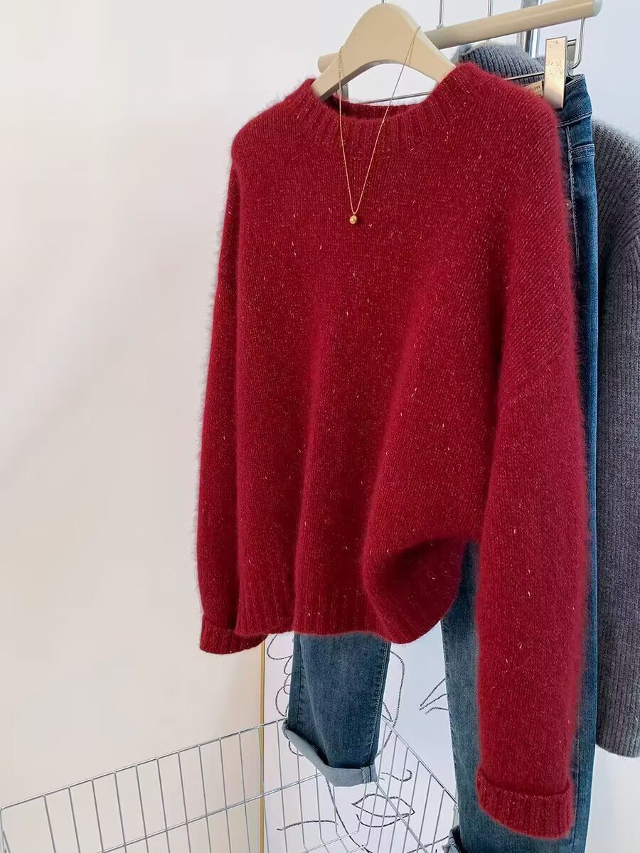 Women Cozy Oversized Sweater in Mohair Look with Round Neck and Subtle Glitter Effect Mune Fashion