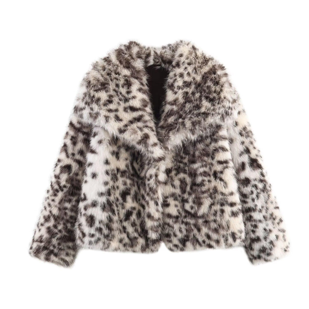 Women's Short Cut Faux Fur Jacket with Leopard Print Mune Fashion