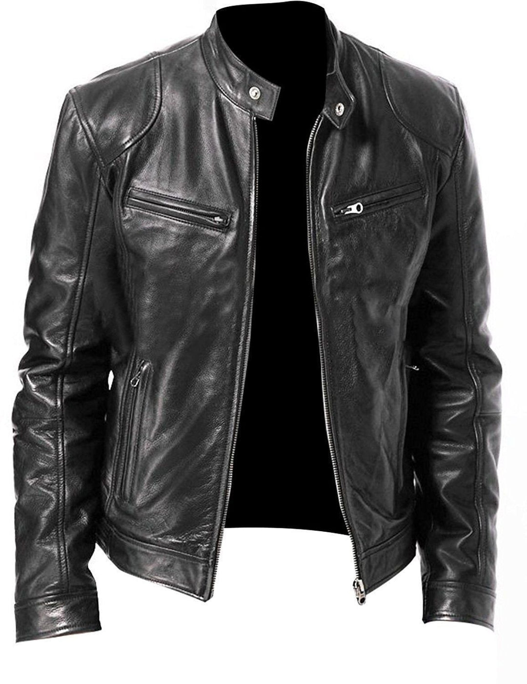 Men's nan vintage-inspired leather jacket in biker style with stand-up collar and visible zippers Mune Fashion