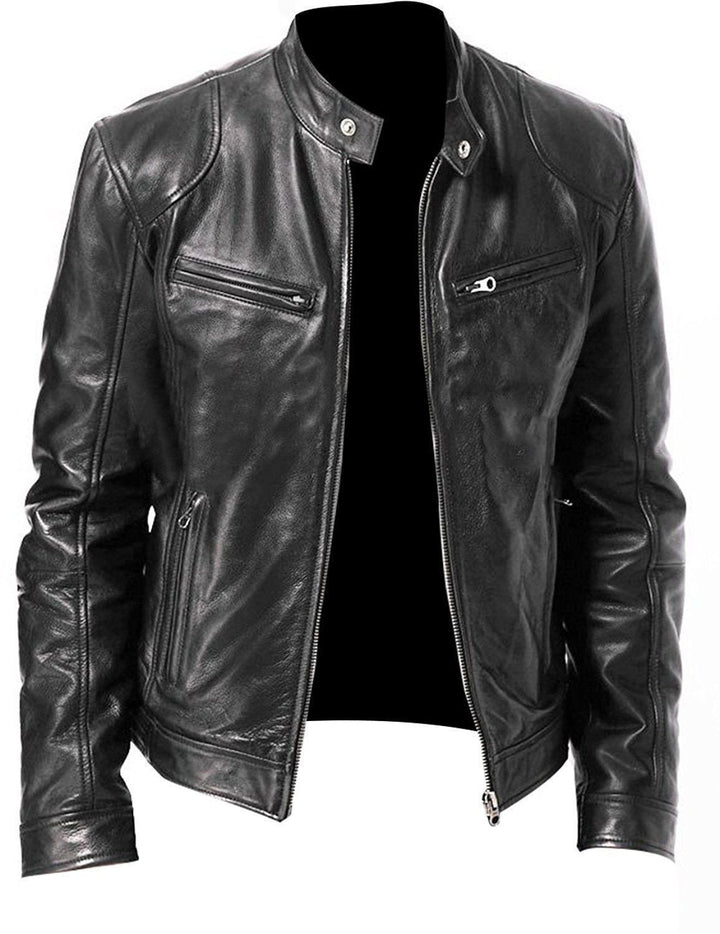 Men's nan vintage-inspired leather jacket in biker style with stand-up collar and visible zippers Mune Fashion