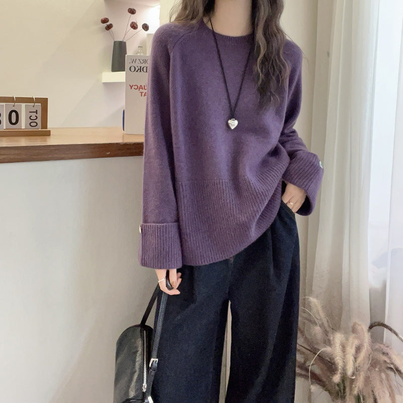 Women's Oversized Fine Knit Sweater with Wide Ribbed Hem, Extra Wide Sleeve Cuffs and Decorative Button Mune Fashion
