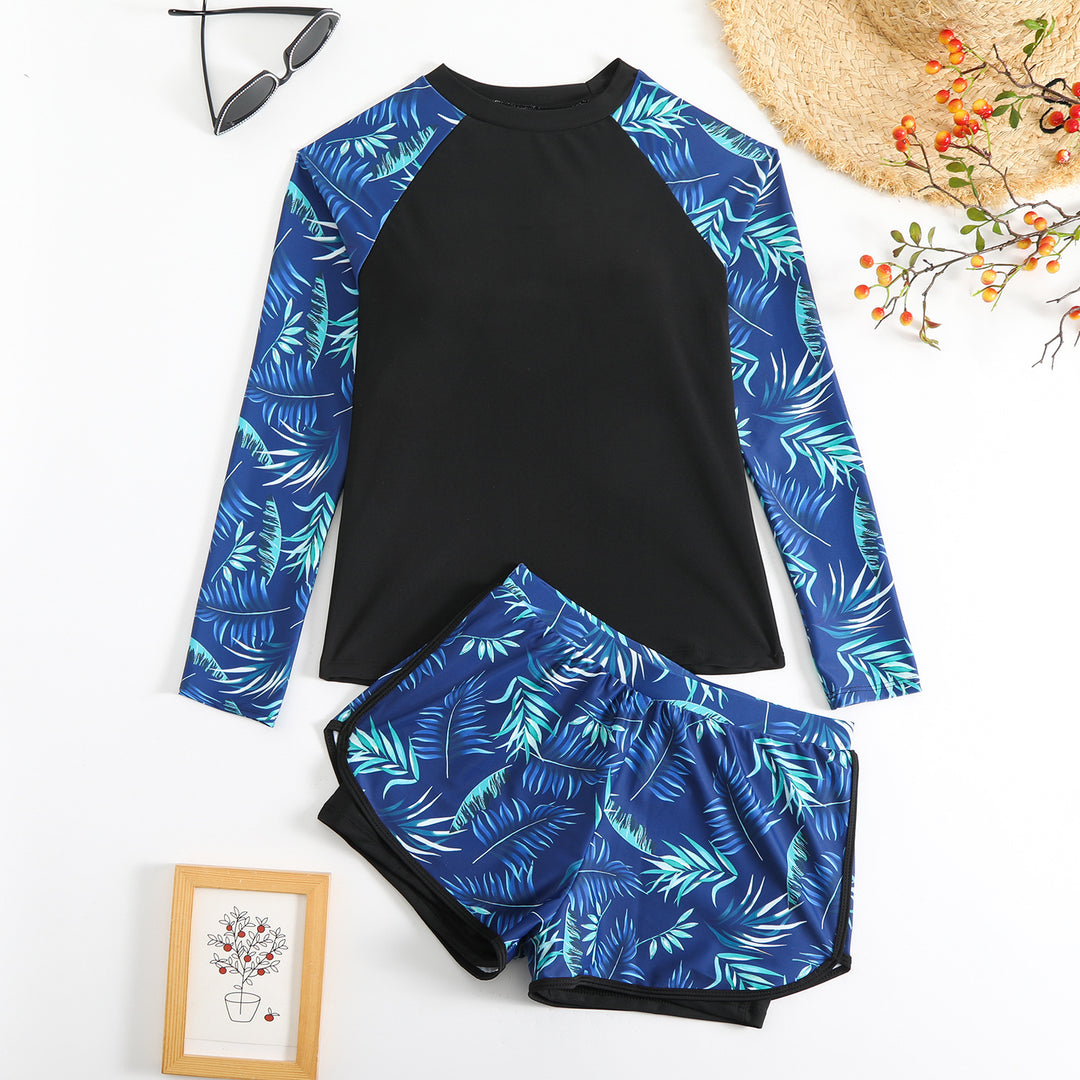 Women's Sporty Long Sleeve Rashguard with Colorful Leaf Design Mune Fashion