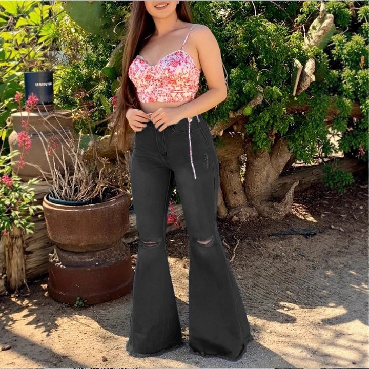 Women's High-Waisted Flared Jeans with Flared Leg, Knee Rips, and Figure-Enhancing Stretch Waistband Mune Fashion